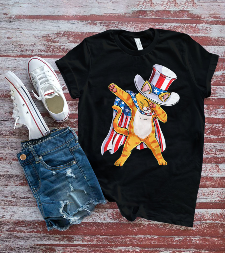 Meowica Cat Dabbing In Uncle Sam Hat And American Flag Cape T-Shirt