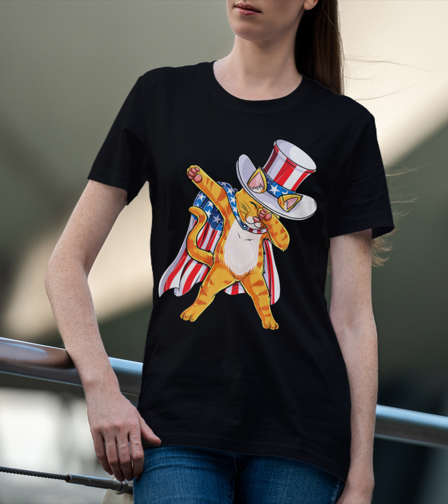 Meowica Cat Dabbing In Uncle Sam Hat And American Flag Cape T-Shirt