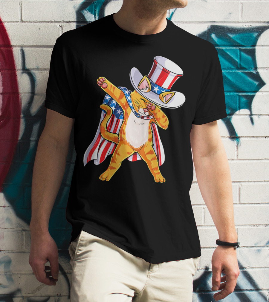 Meowica Cat Dabbing In Uncle Sam Hat And American Flag Cape T-Shirt