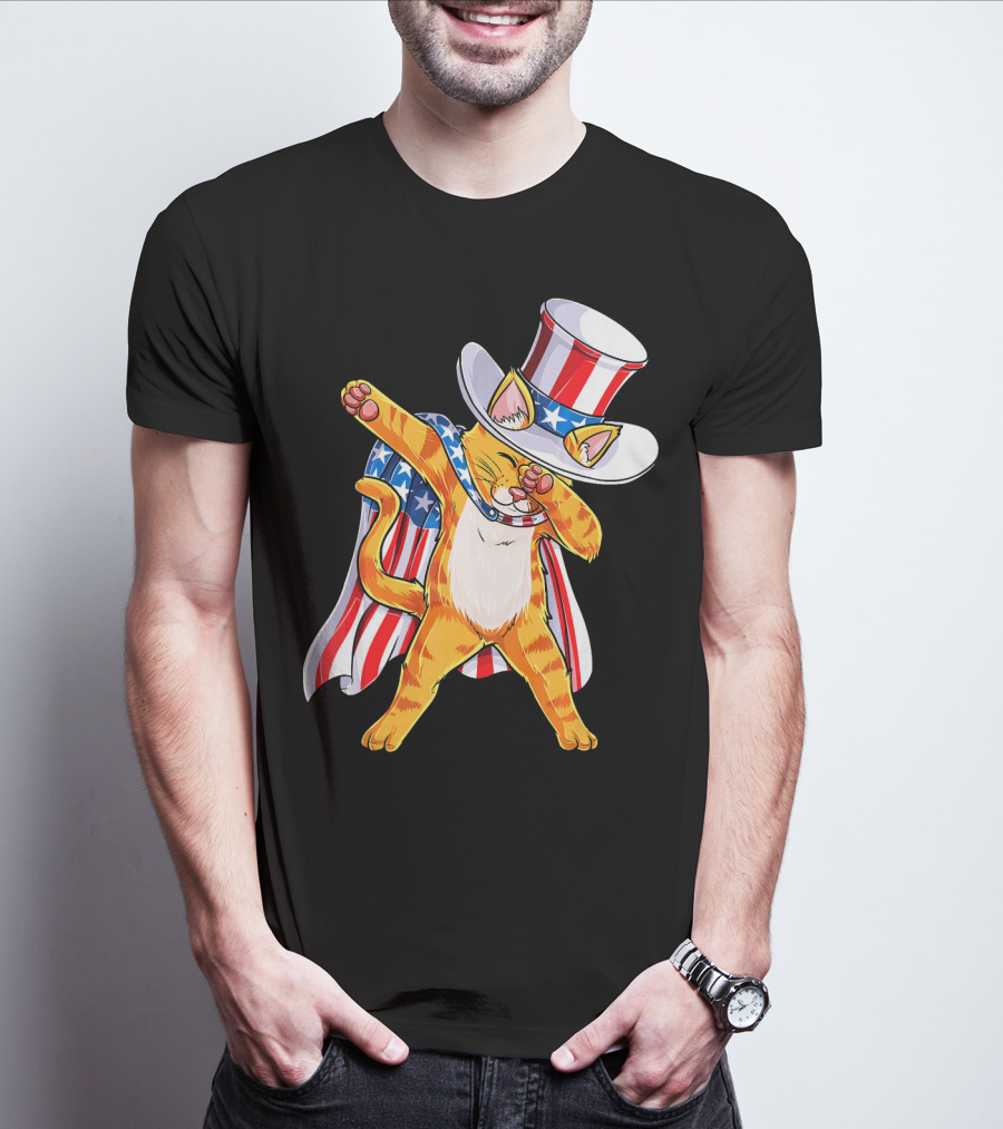 Meowica Cat Dabbing In Uncle Sam Hat And American Flag Cape T-Shirt
