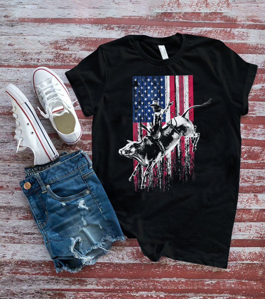 Patriotic American Flag Bull Rider Rodeo Scene T-Shirt