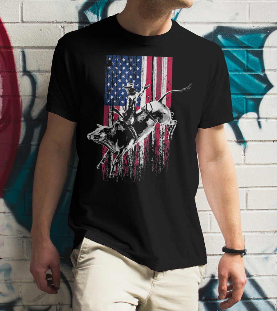 Patriotic American Flag Bull Rider Rodeo Scene T-Shirt