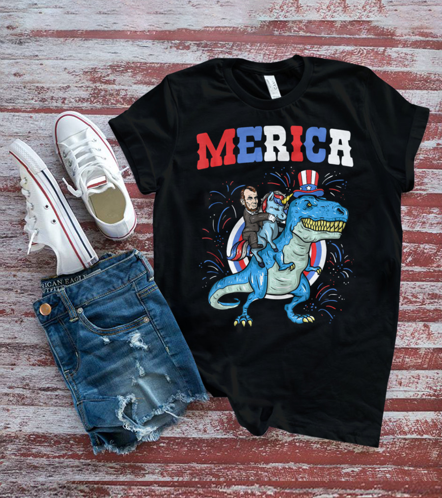 Merica Abe Lincoln Riding Unicorn On T-Rex With Patriotic Hat T-Shirt