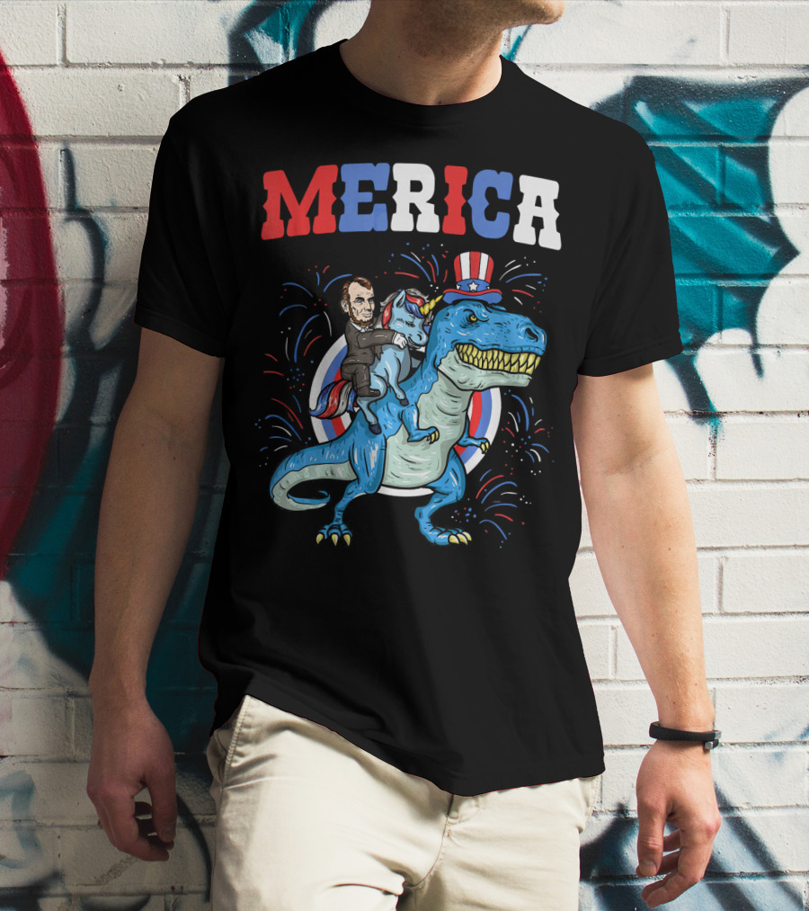Merica Abe Lincoln Riding Unicorn On T-Rex With Patriotic Hat T-Shirt