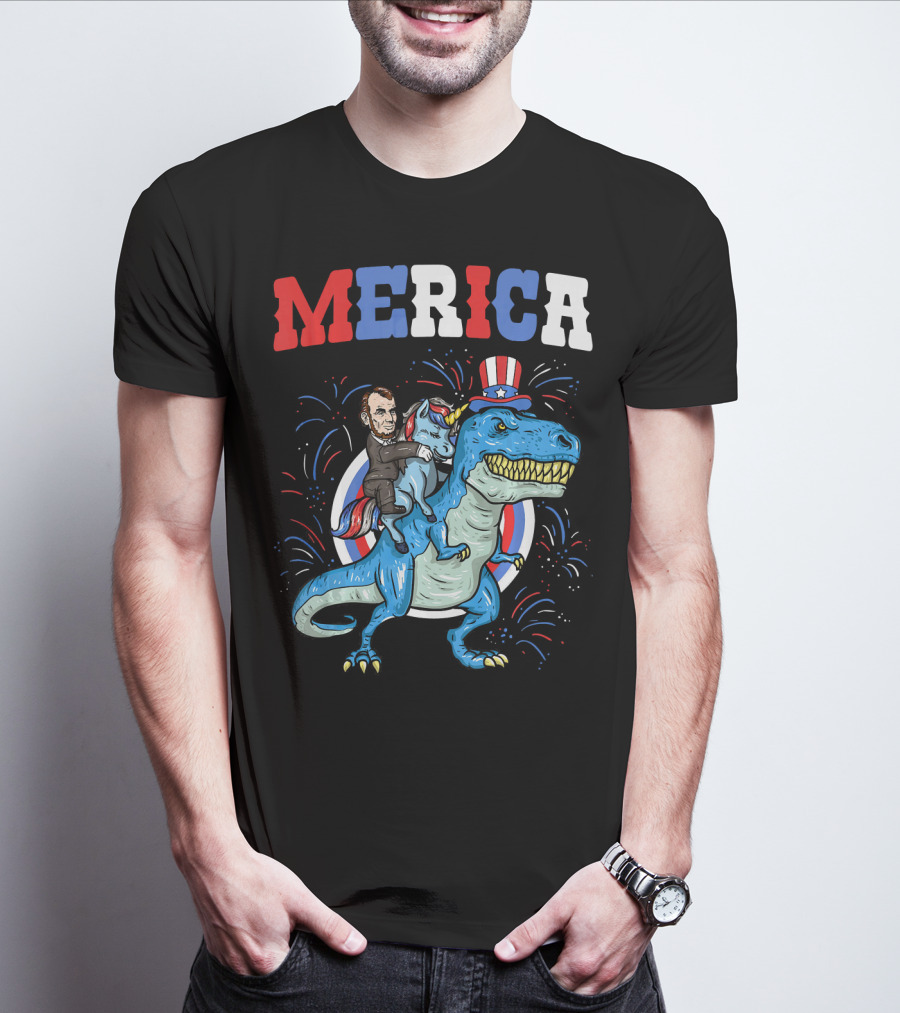 Merica Abe Lincoln Riding Unicorn On T-Rex With Patriotic Hat T-Shirt