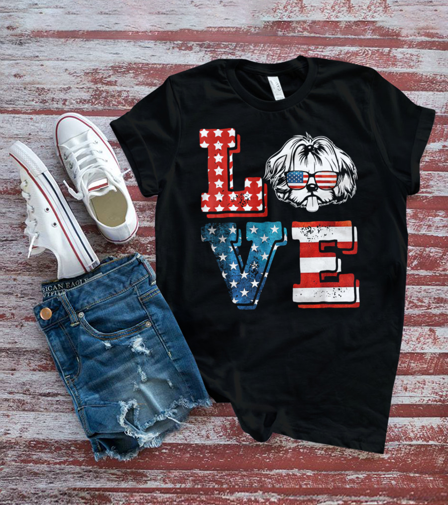 Love Shih Tzu Patriotic American Flag Sunglasses T-Shirt