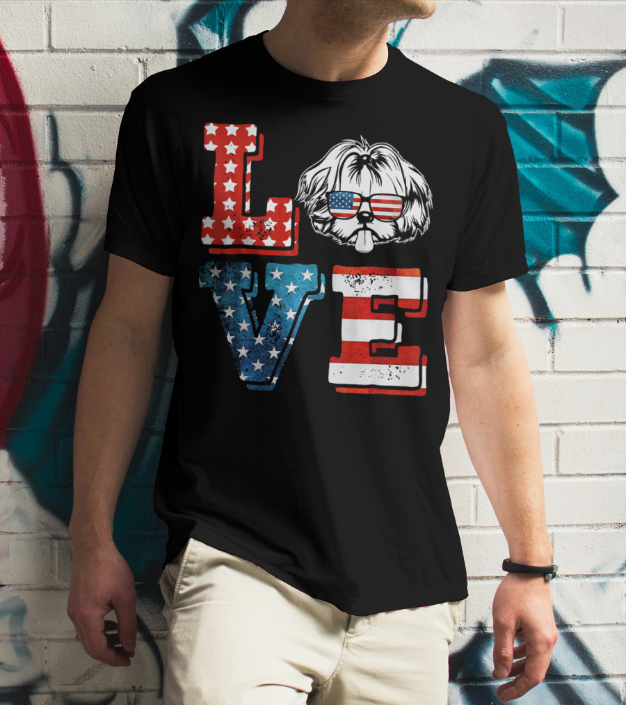 Love Shih Tzu Patriotic American Flag Sunglasses T-Shirt