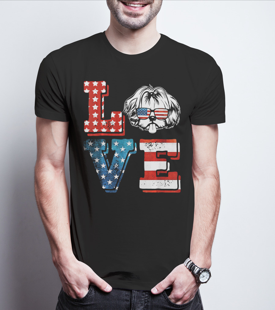 Love Shih Tzu Patriotic American Flag Sunglasses T-Shirt