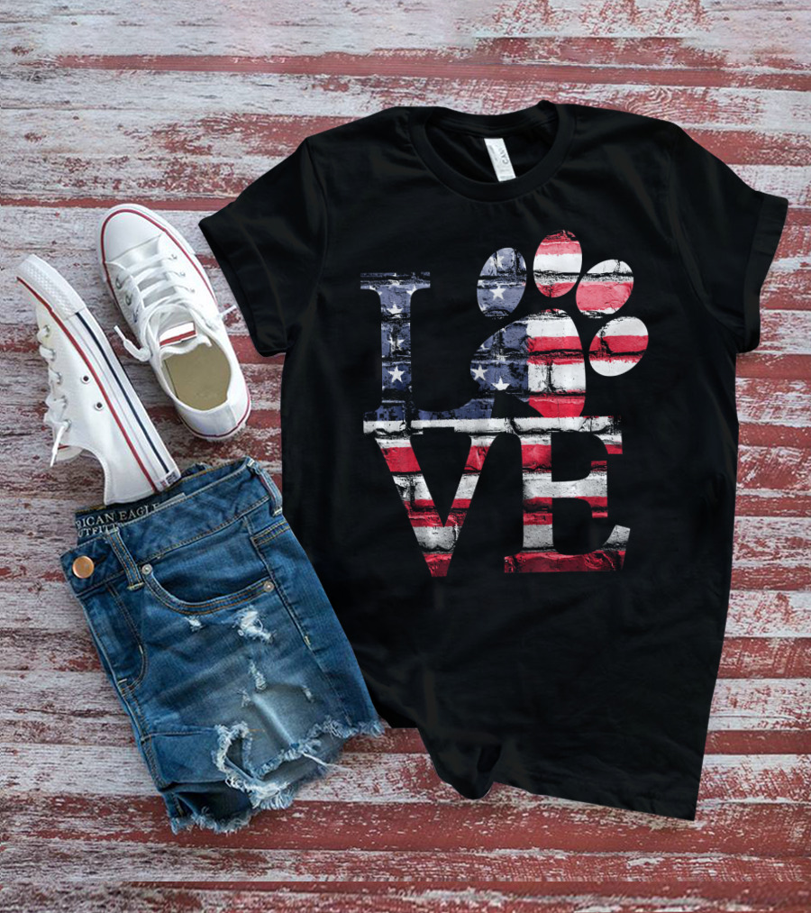 Patriotic Love USA Flag Style With Dog Paw T-Shirt
