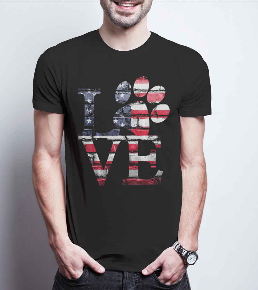 Patriotic Love USA Flag Style With Dog Paw T-Shirt