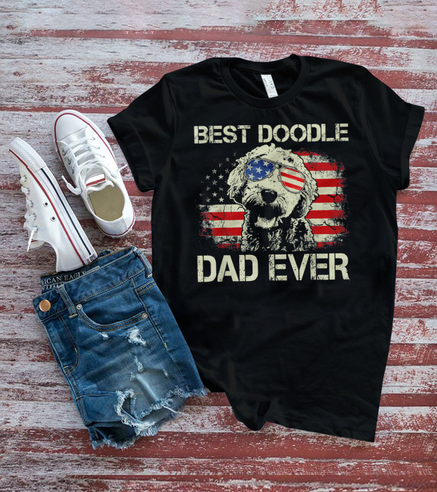 Best Doodle Dad Ever USA Flag Sunglasses Dog T-Shirt