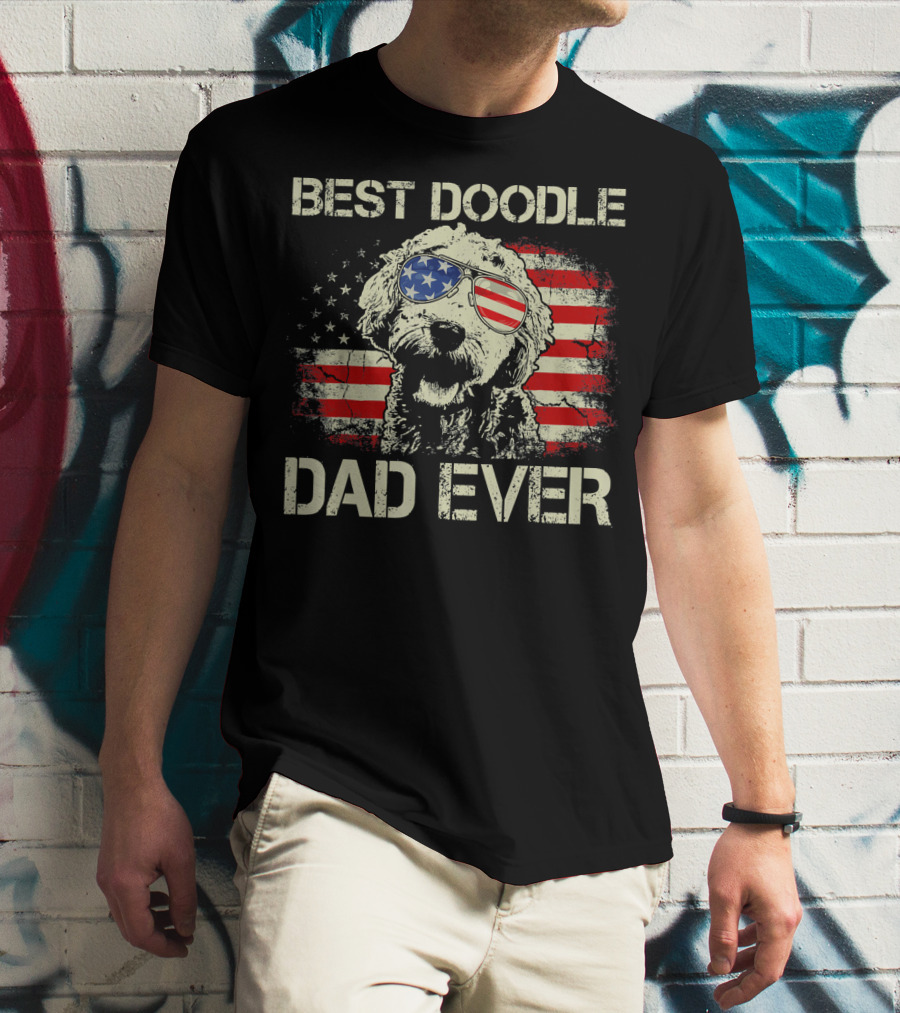 Best Doodle Dad Ever USA Flag Sunglasses Dog T-Shirt