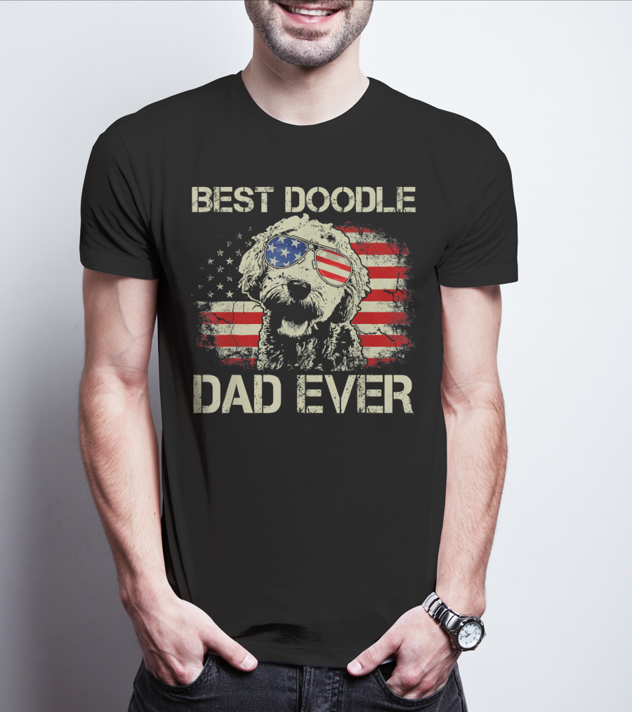 Best Doodle Dad Ever USA Flag Sunglasses Dog T-Shirt