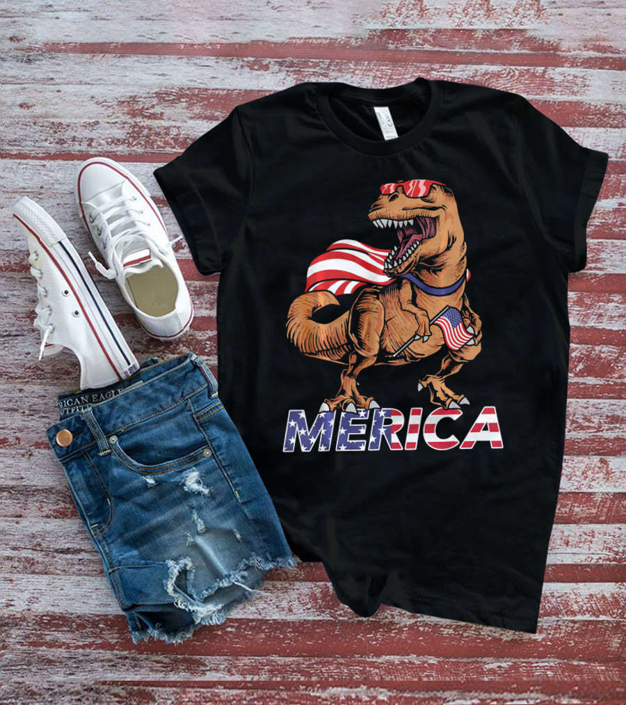 Merica T-Rex With American Flag Sunglasses And Cape T-Shirt