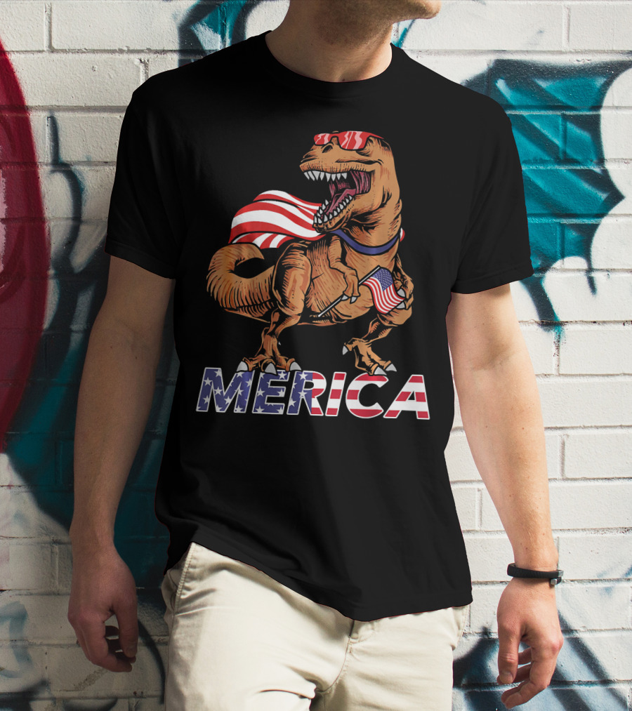 Merica T-Rex With American Flag Sunglasses And Cape T-Shirt