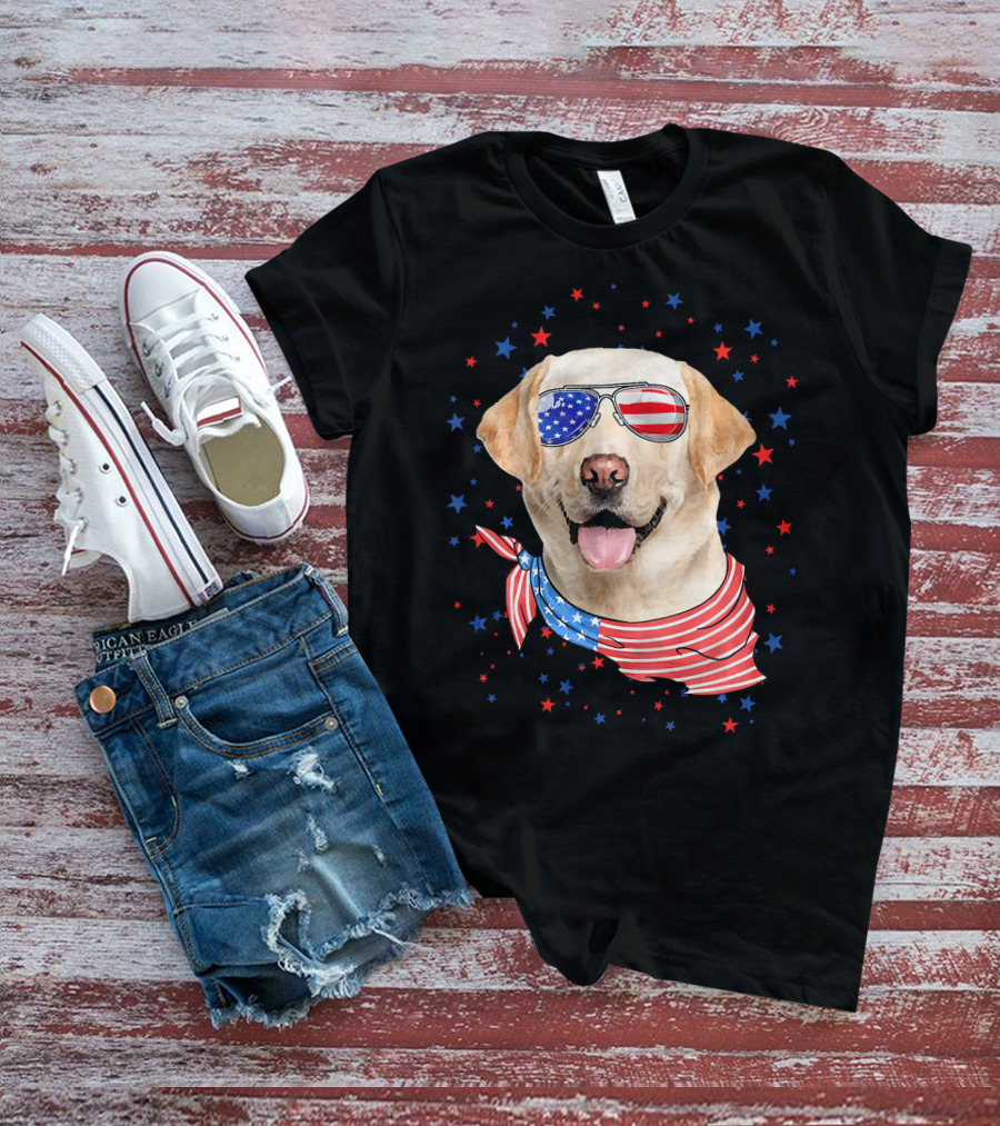 American Flag Labrador With Patriotic Sunglasses And Scarf Surrounded By Stars T-Shirt