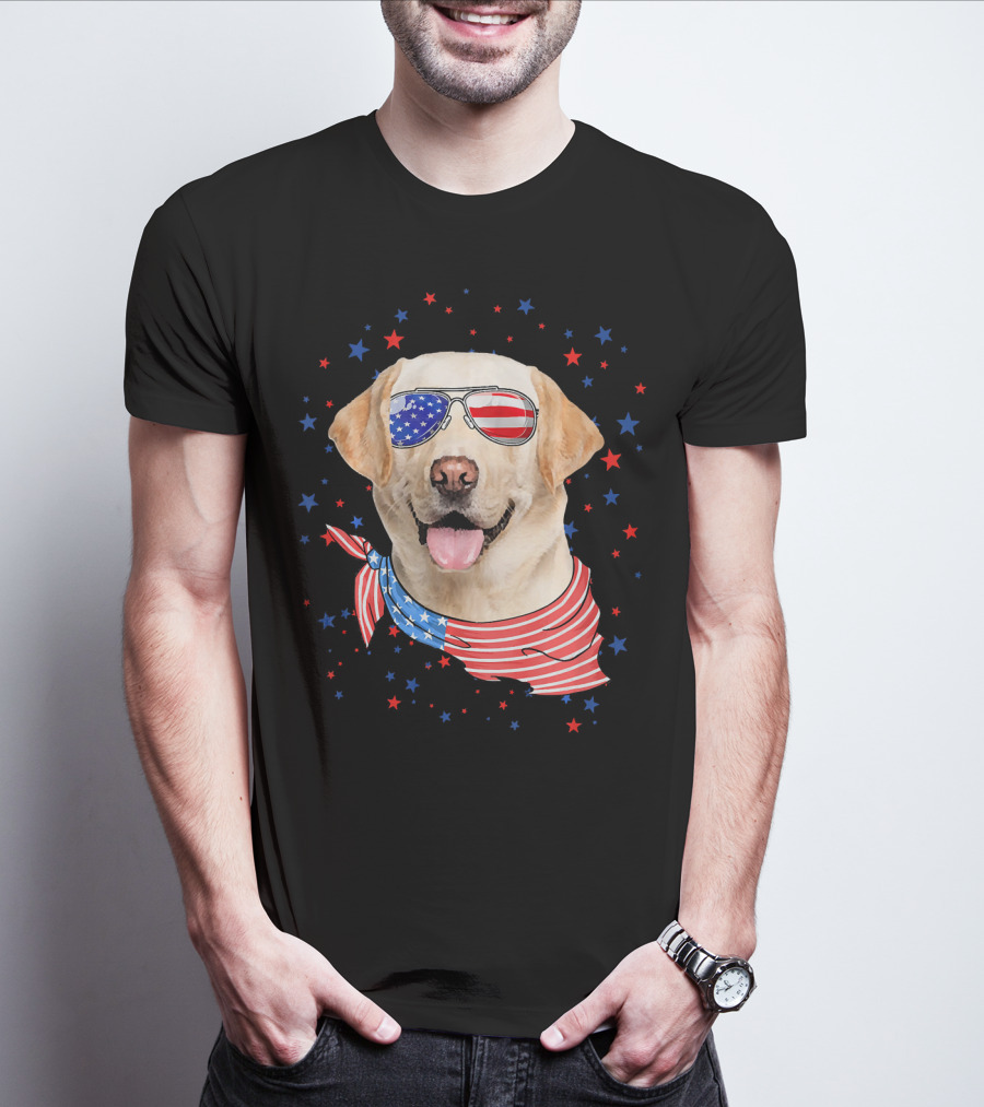 American Flag Labrador With Patriotic Sunglasses And Scarf Surrounded By Stars T-Shirt