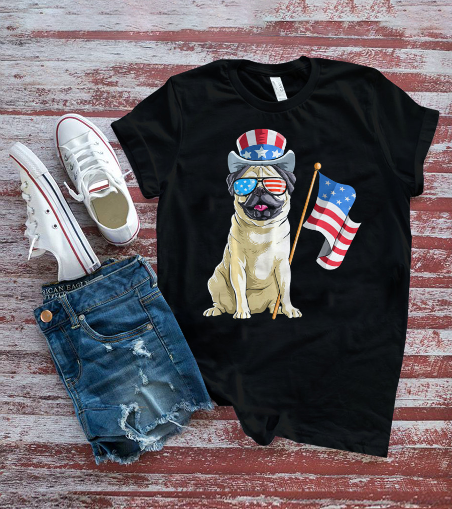Pug In Patriotic Hat And Sunglasses Holding American Flag T-Shirt