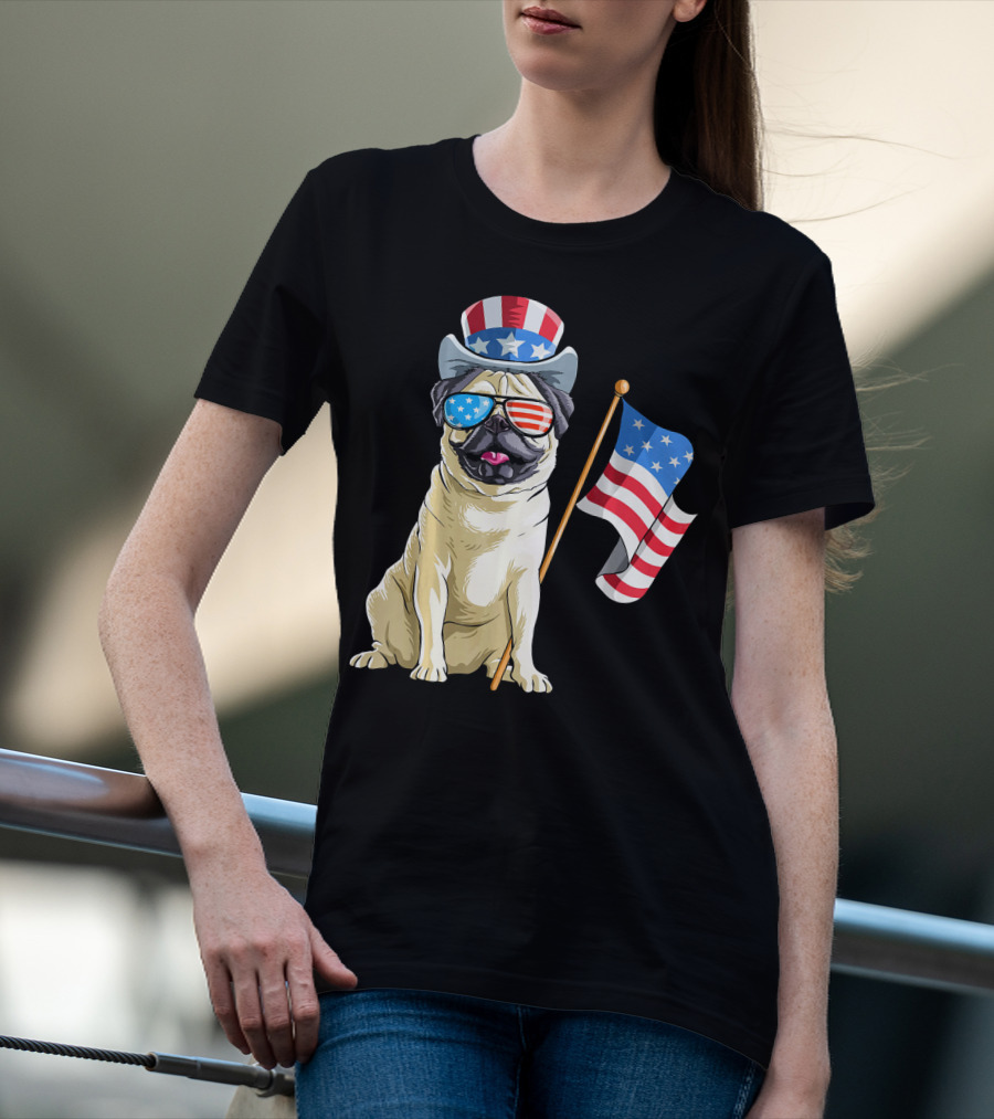 Pug In Patriotic Hat And Sunglasses Holding American Flag T-Shirt