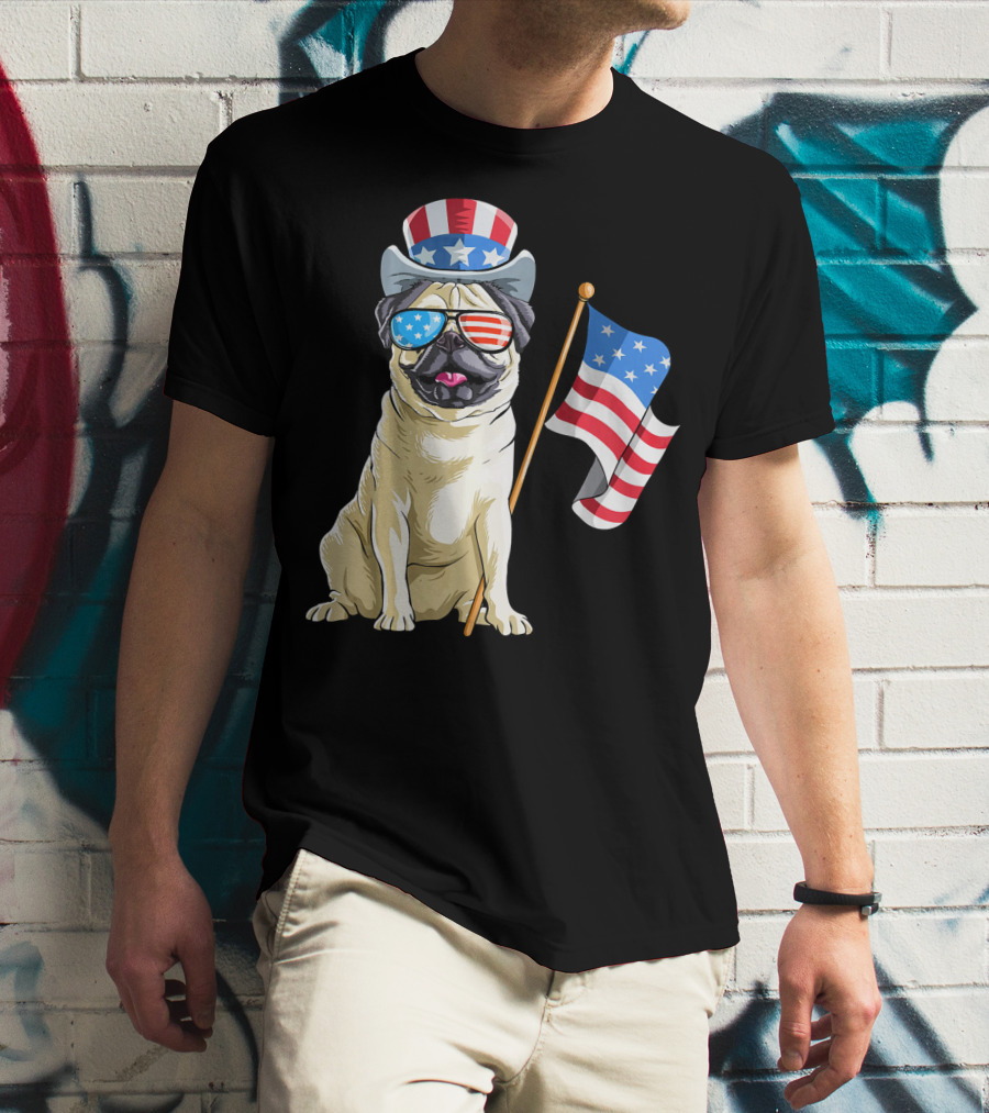 Pug In Patriotic Hat And Sunglasses Holding American Flag T-Shirt