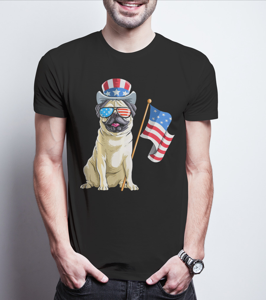 Pug In Patriotic Hat And Sunglasses Holding American Flag T-Shirt