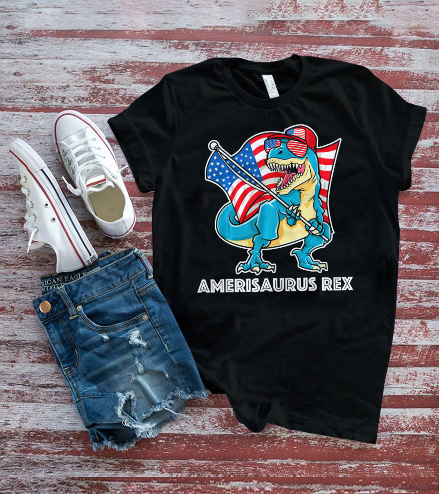 Amerisaurus Rex Patriotic Dinosaur With American Flag And Sunglasses T-Shirt