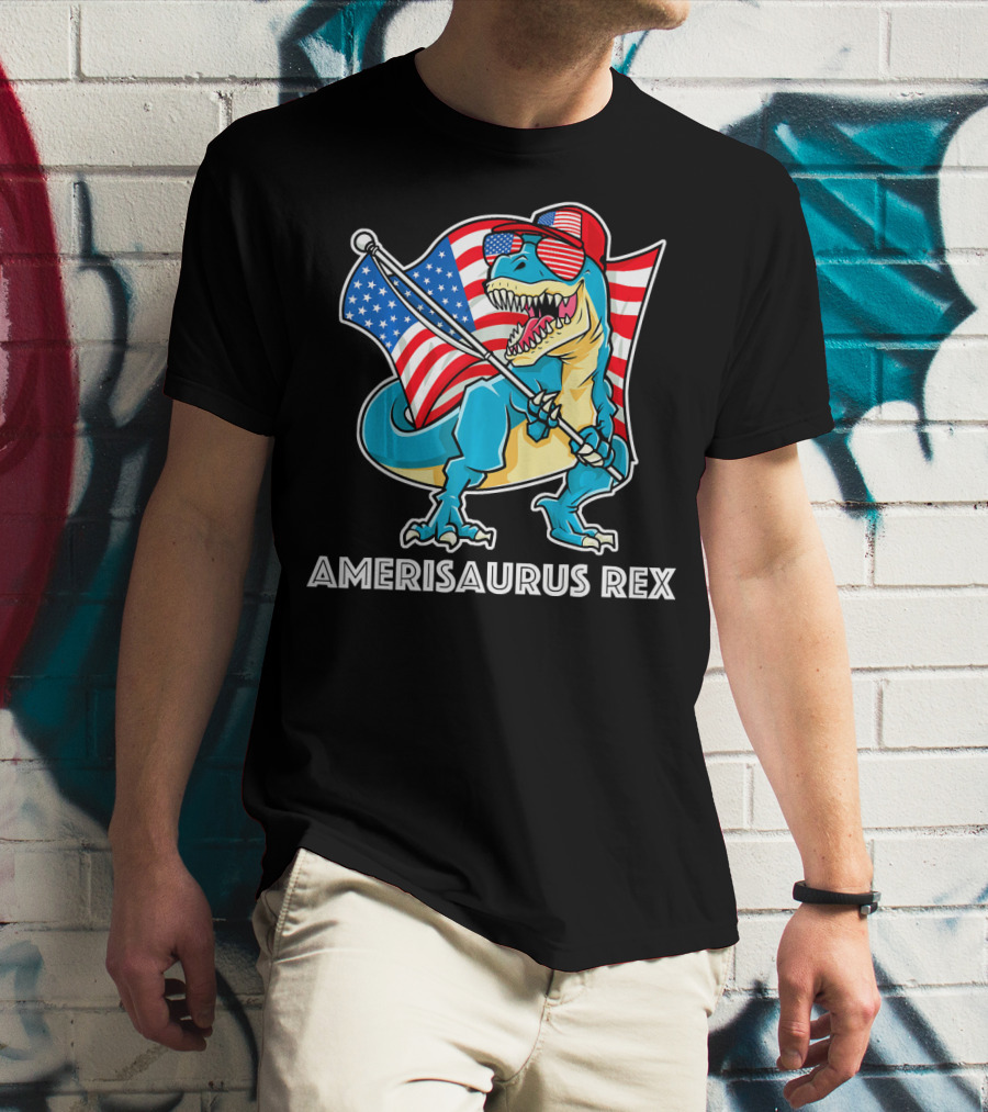 Amerisaurus Rex Patriotic Dinosaur With American Flag And Sunglasses T-Shirt