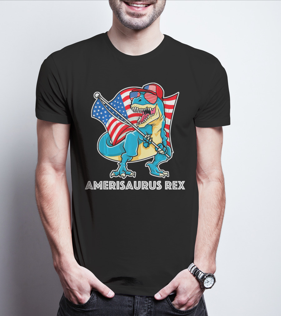 Amerisaurus Rex Patriotic Dinosaur With American Flag And Sunglasses T-Shirt