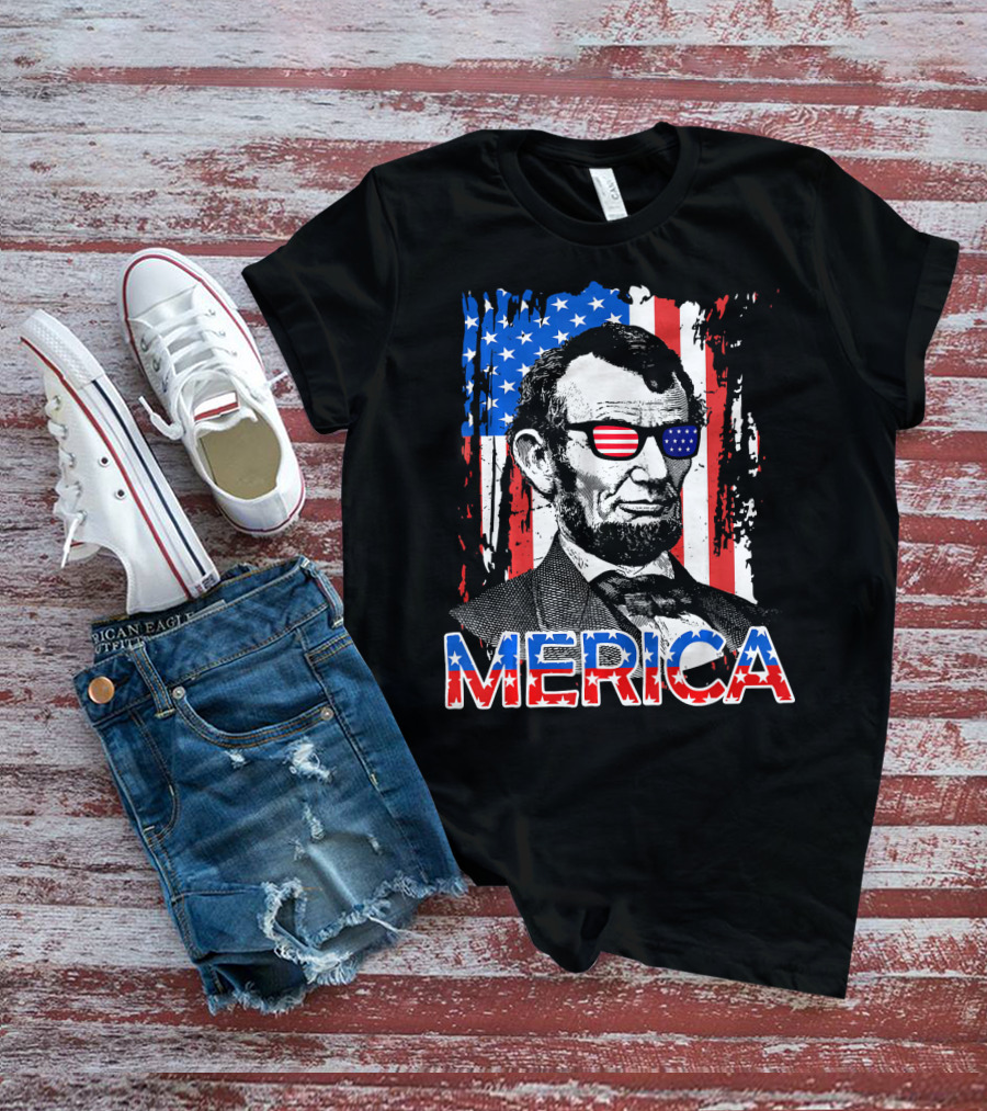 Merica American Flag Abe Lincoln With Sunglasses T-Shirt