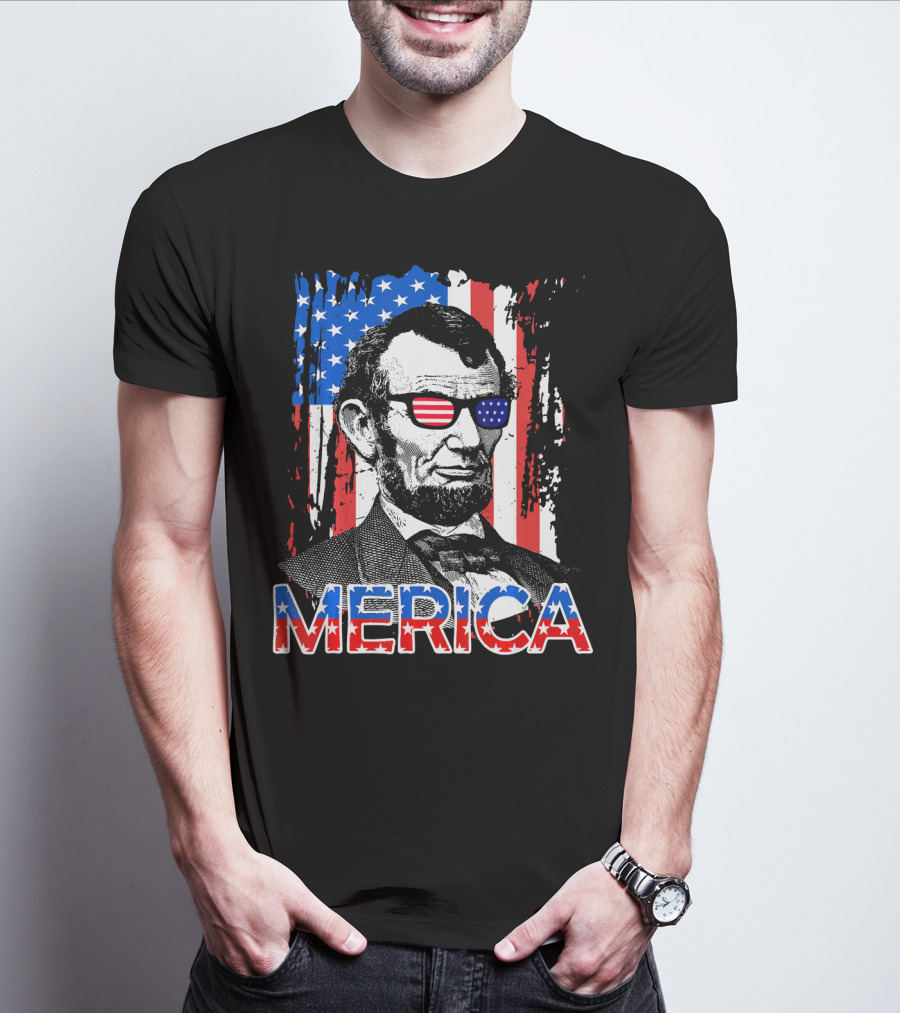 Merica American Flag Abe Lincoln With Sunglasses T-Shirt