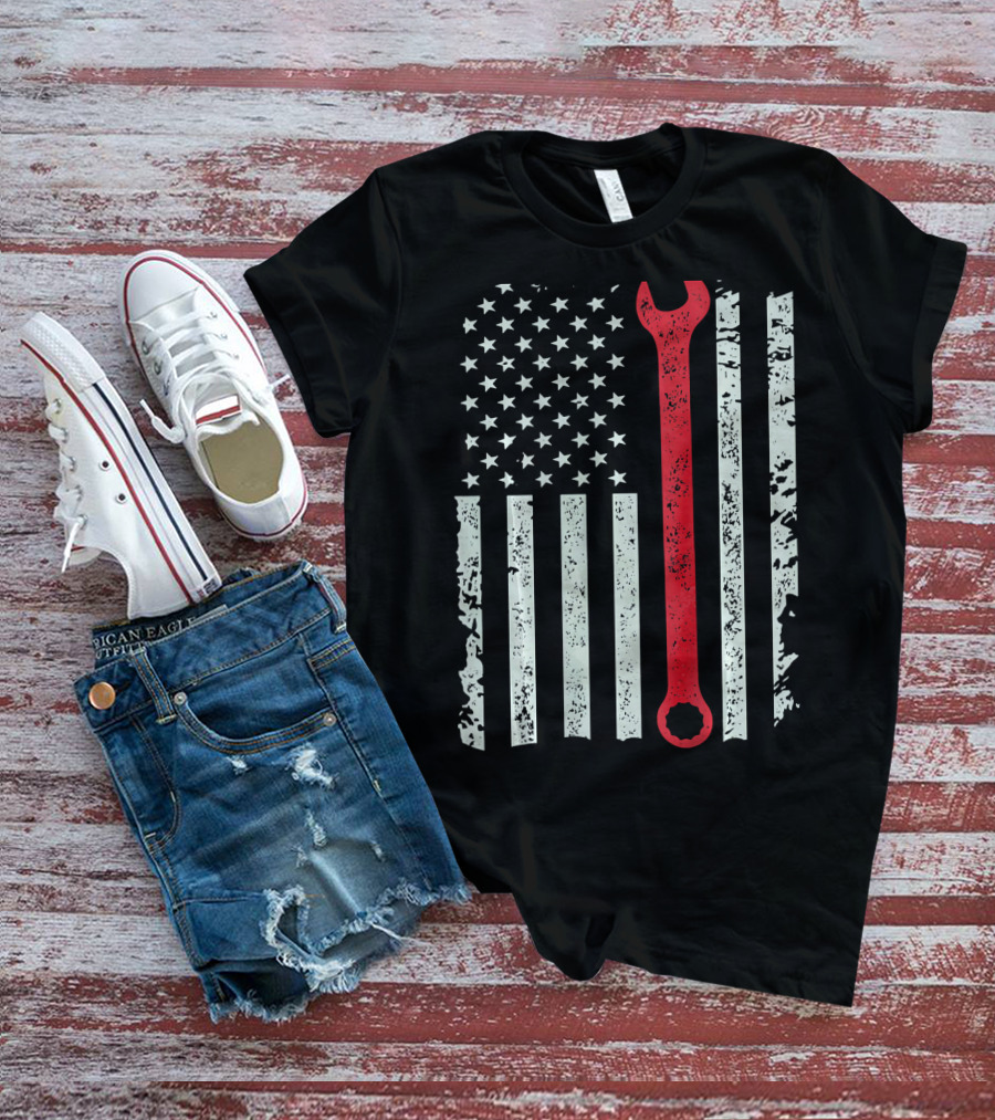 American Flag With Red Mechanic Wrench T-Shirt