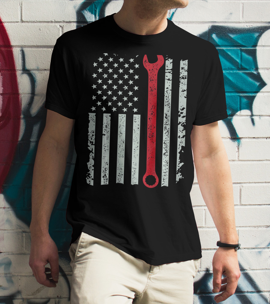 American Flag With Red Mechanic Wrench T-Shirt