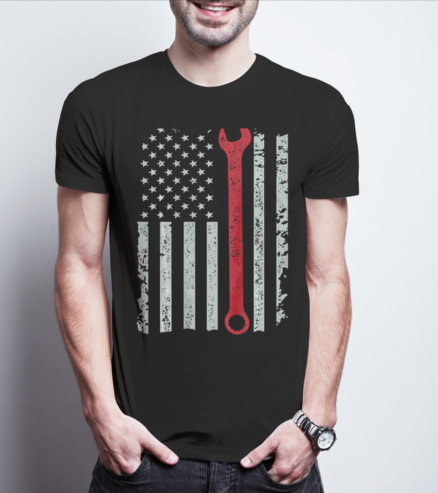 American Flag With Red Mechanic Wrench T-Shirt