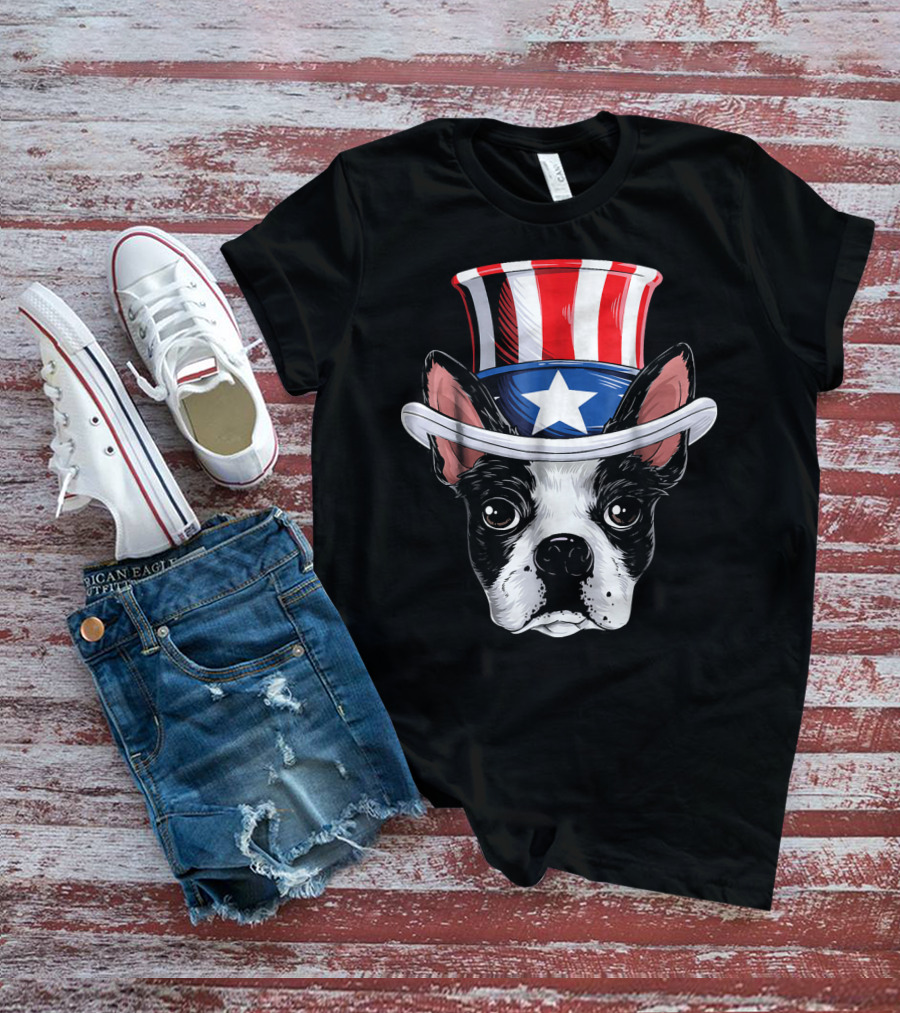 Boston Terrier Wearing Uncle Sam Hat With Star And Stripes T-Shirt