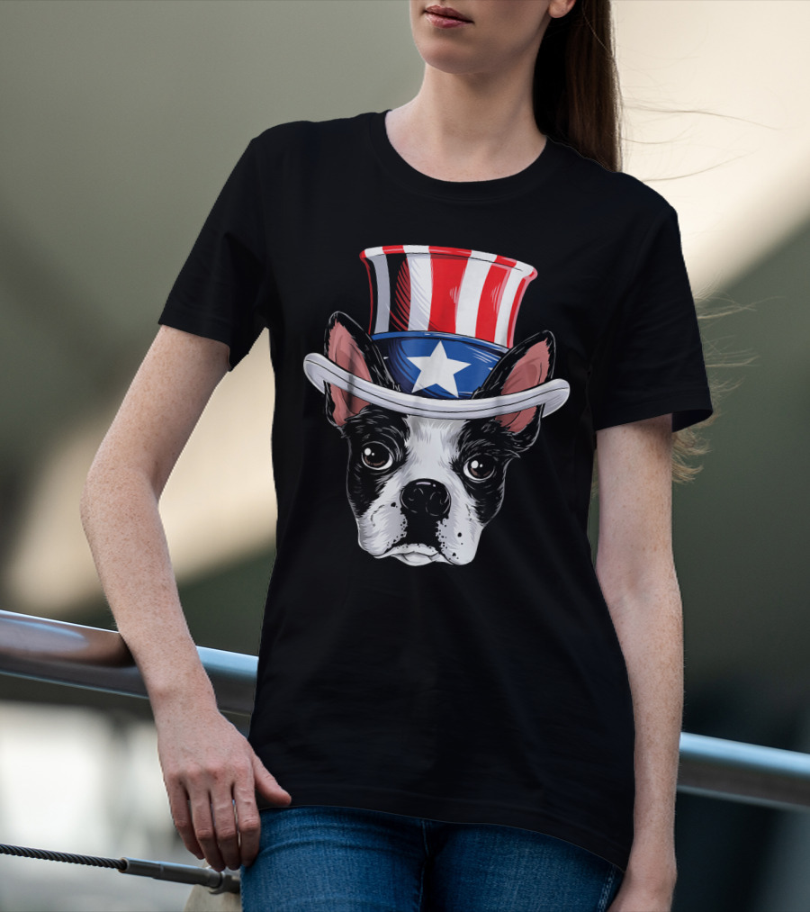 Boston Terrier Wearing Uncle Sam Hat With Star And Stripes T-Shirt