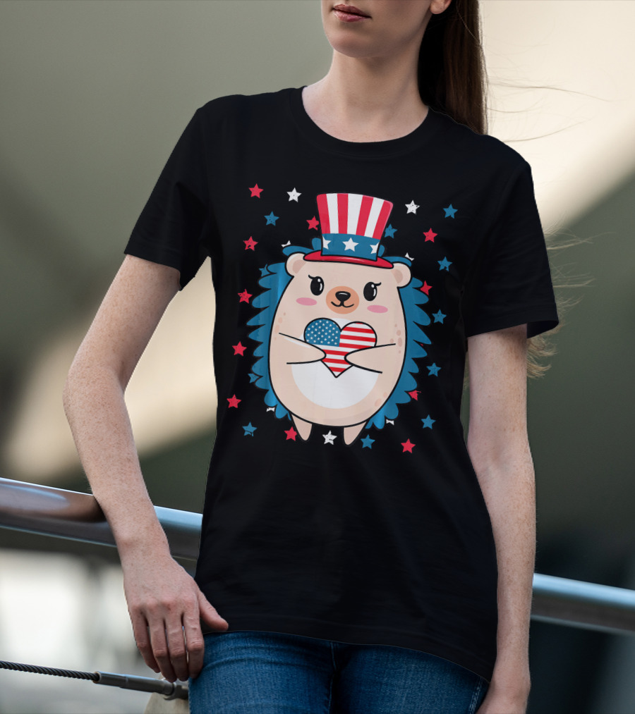 Hedgehog Patriotic Stars Uncle Sam Hat Holding USA Flag Heart T-Shirt