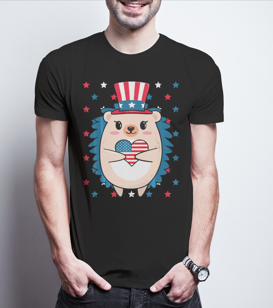 Hedgehog Patriotic Stars Uncle Sam Hat Holding USA Flag Heart T-Shirt