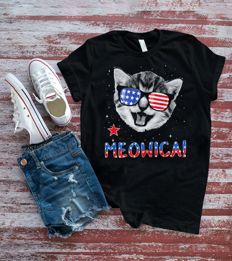 Meowica Cat With American Flag Glasses And Stars T-Shirt
