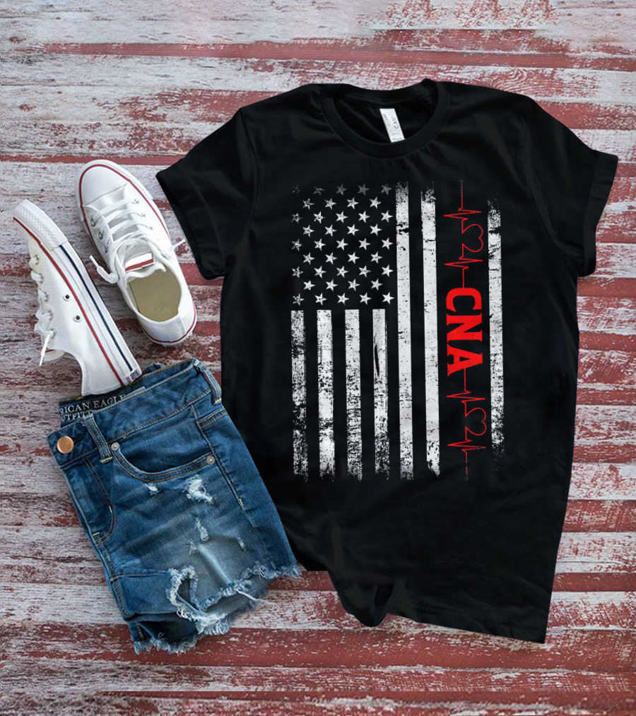American Flag Heartbeat Red CNA Patriotic Nurse T-Shirt