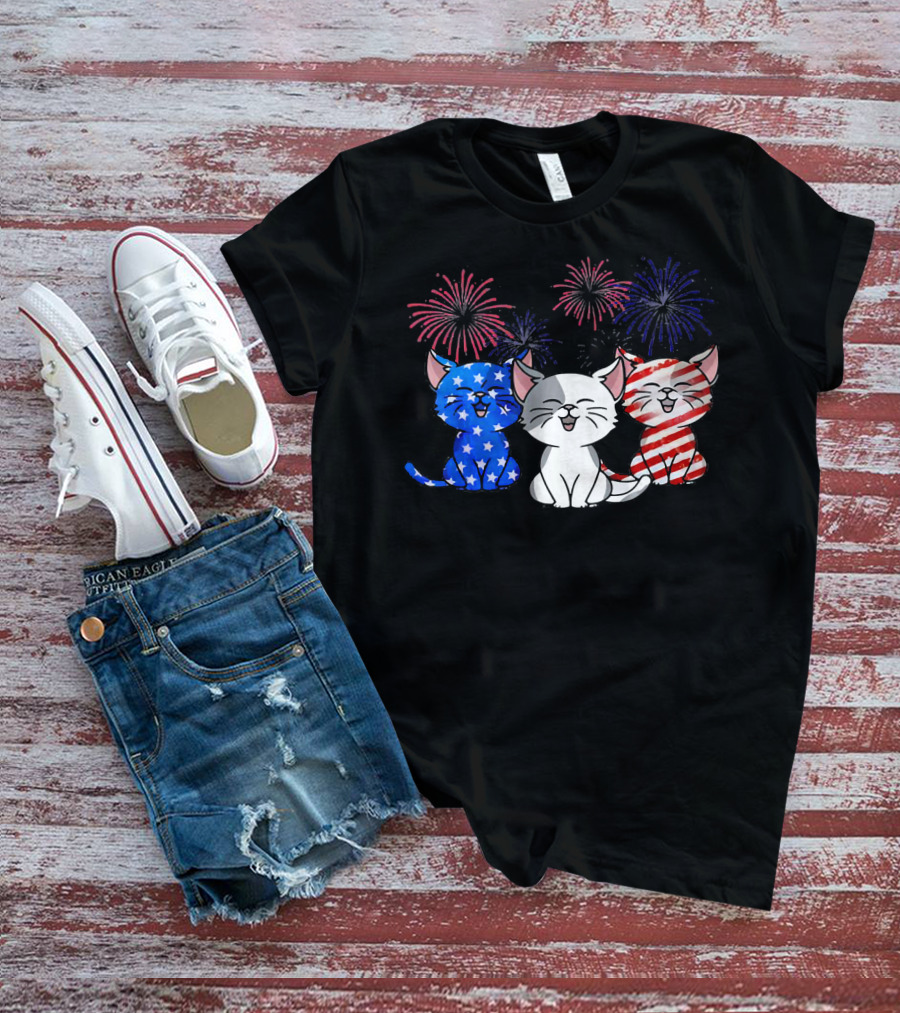 Funny Cat Fourth Of July Fireworks American Flag T-Shirt