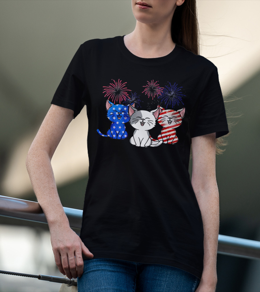 Funny Cat Fourth Of July Fireworks American Flag T-Shirt
