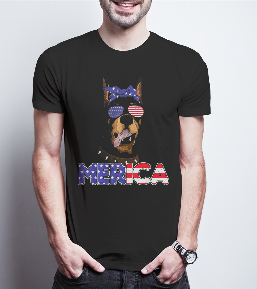 Patriotic Merica Doberman Pinscher With American Flag Bandana And Sunglasses T-Shirt