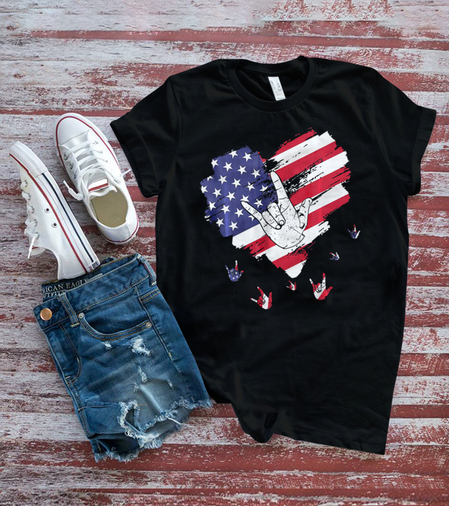 I Love You American Sign Language Hand Shape Heart With USA Flag Colors T-Shirt