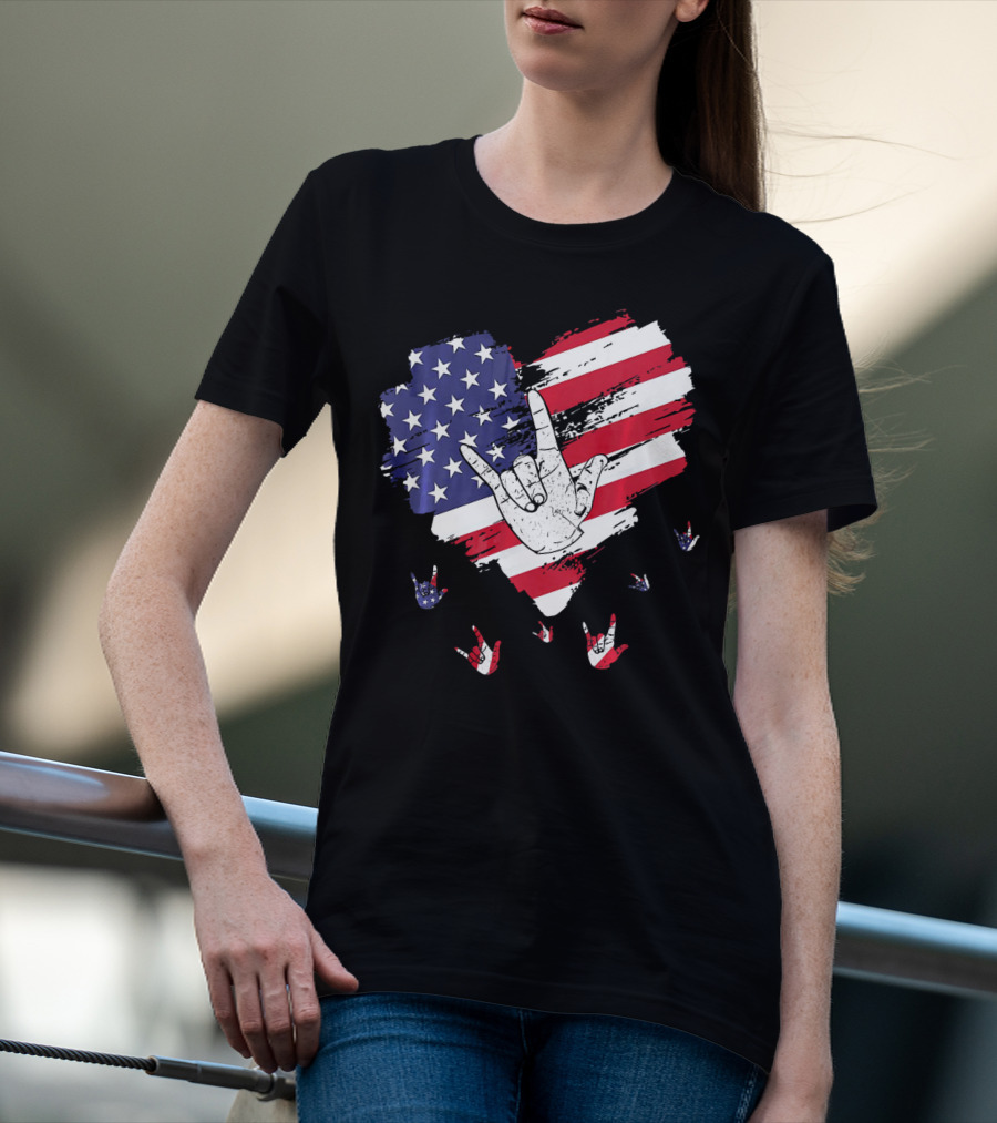 I Love You American Sign Language Hand Shape Heart With USA Flag Colors T-Shirt