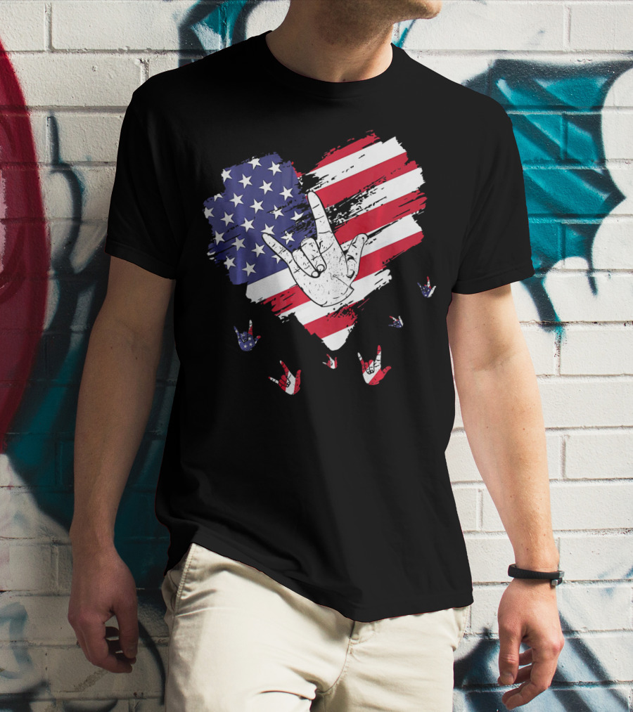 I Love You American Sign Language Hand Shape Heart With USA Flag Colors T-Shirt