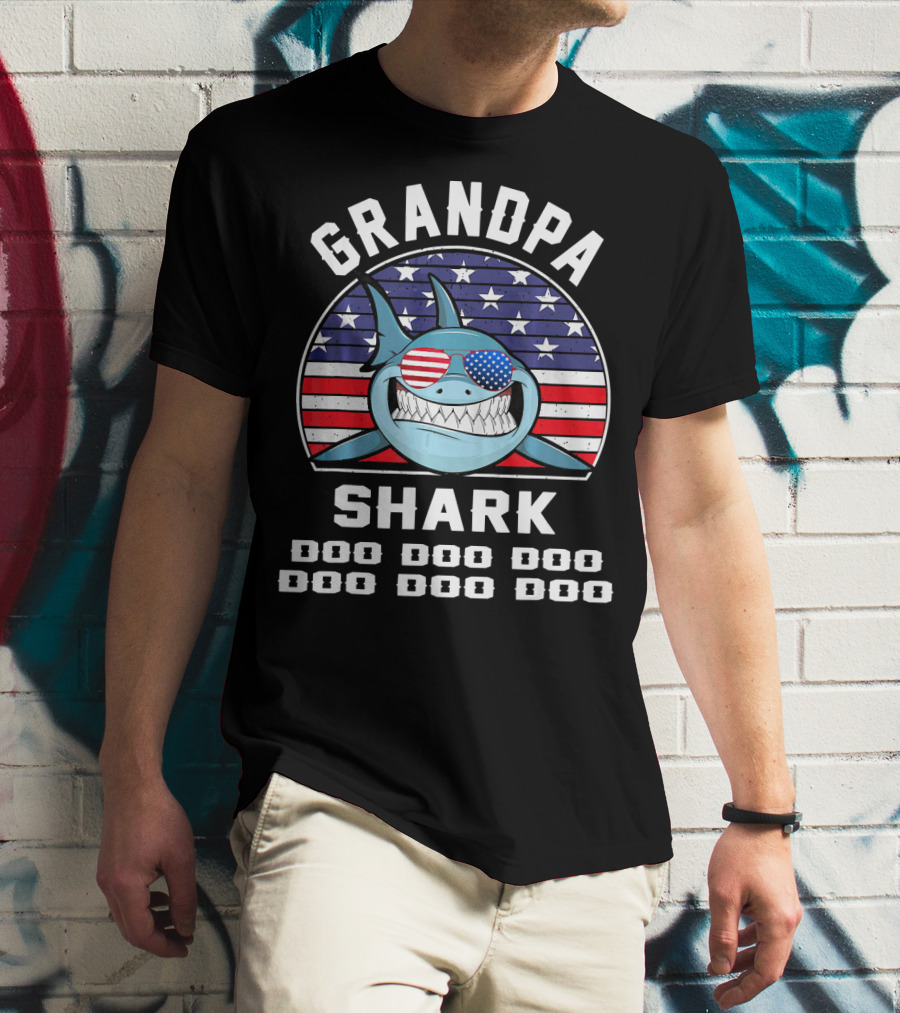 Grandpa Shark Doo Doo Doo American Flag Sunglasses T-Shirt