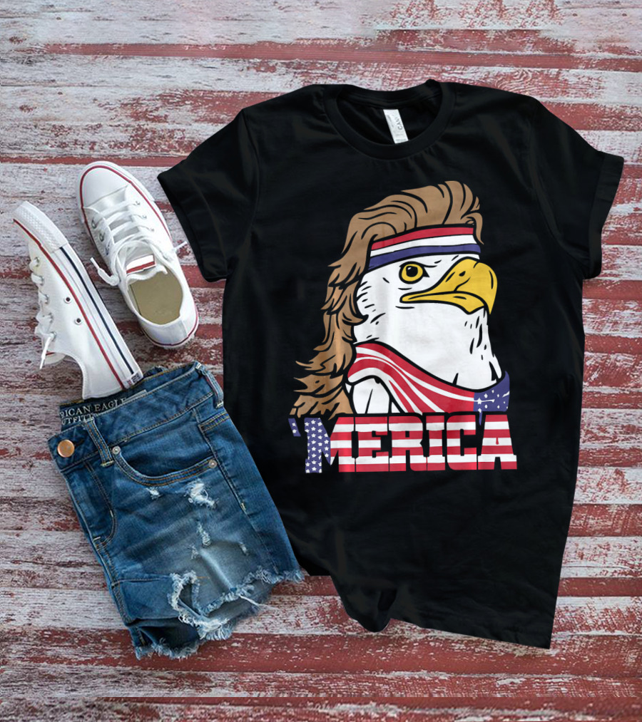 'Merica Bald Eagle Mullet Headband American Flag T-Shirt