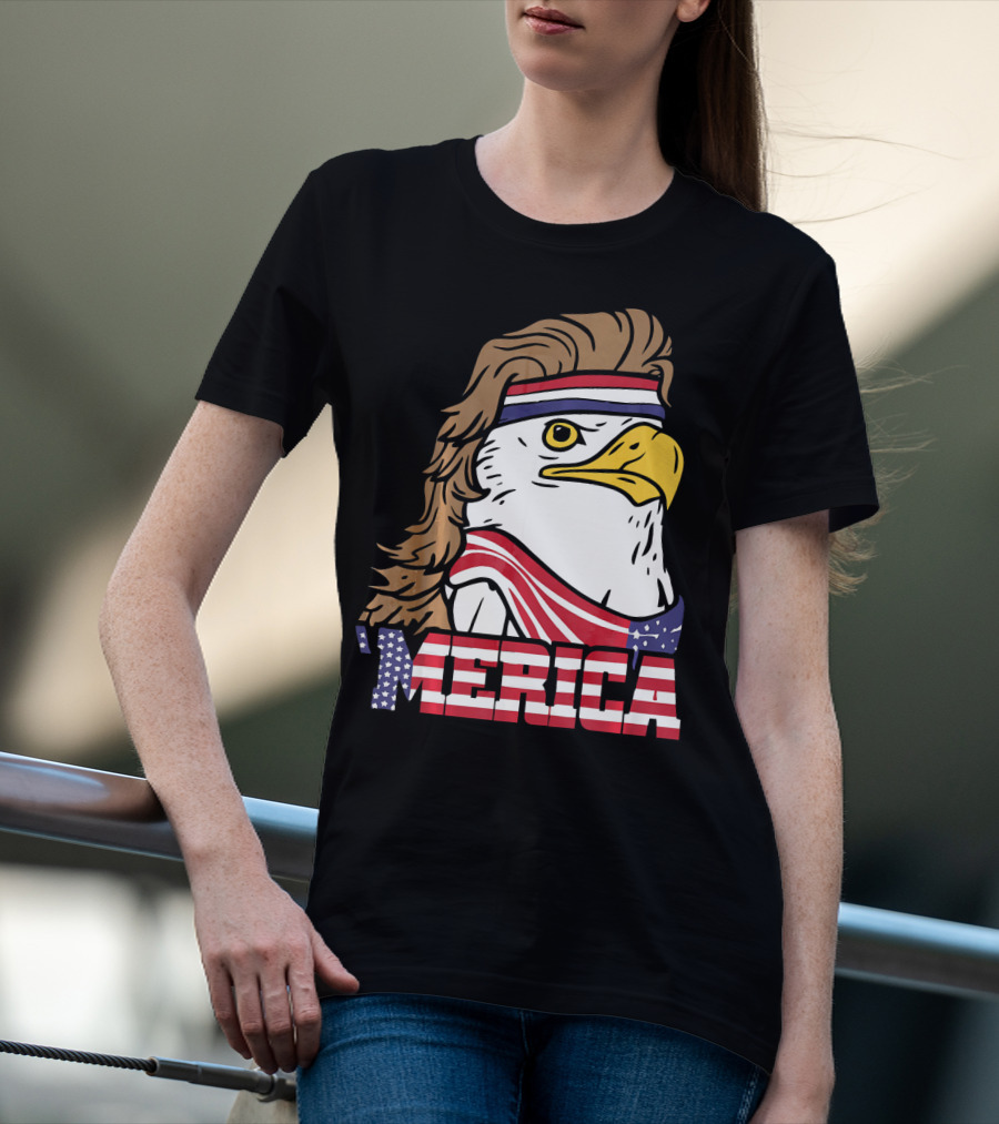 'Merica Bald Eagle Mullet Headband American Flag T-Shirt
