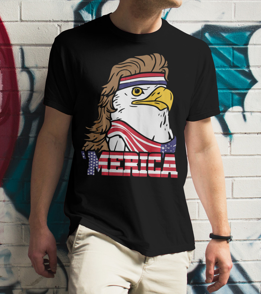 'Merica Bald Eagle Mullet Headband American Flag T-Shirt