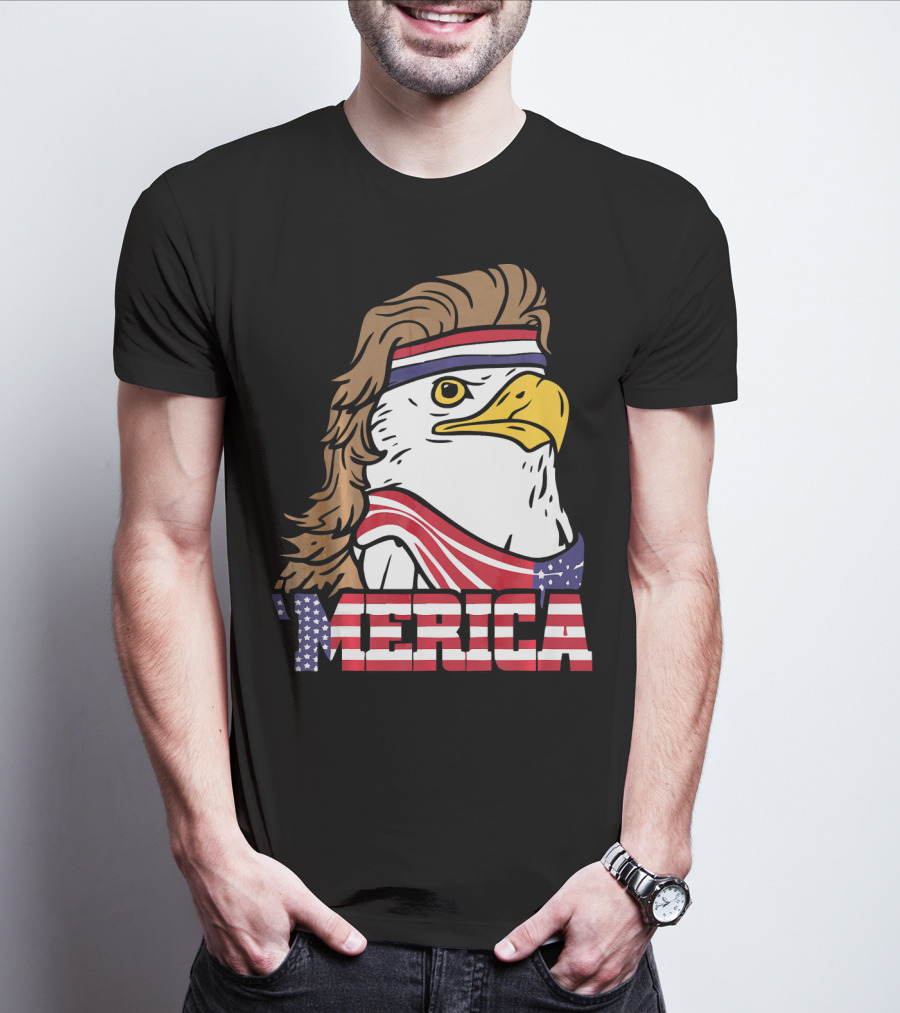 'Merica Bald Eagle Mullet Headband American Flag T-Shirt